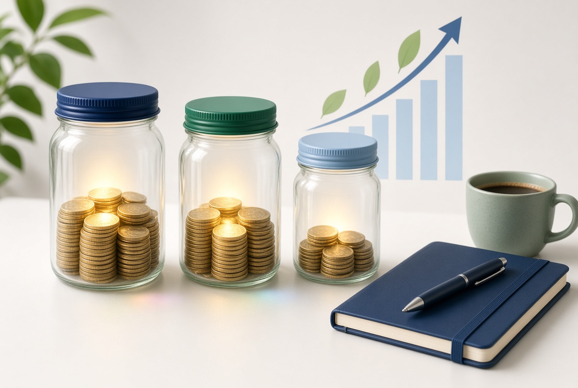 Tarros de cristal con monedas organizadas según el método 50/30/20